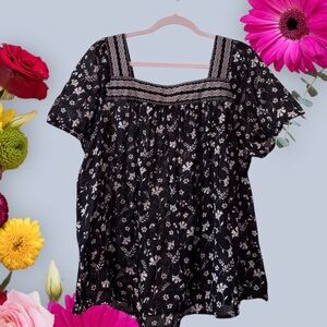 Rebecca Malone Short Sleeve Square Neck Floral Black Cotton Women's Top